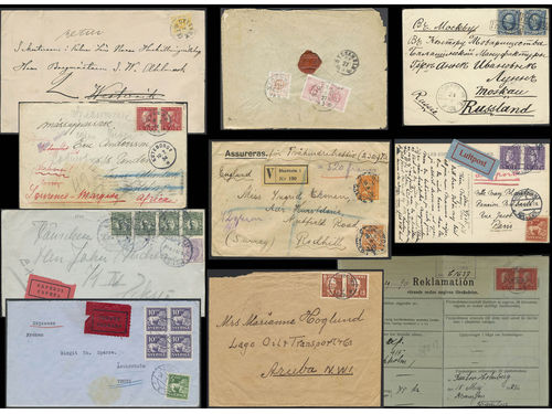 Sweden. Collection covers 1882–1938 on visir leaves. Nice mix of better usages, 18 öre paid postage due, additional services, foreign destinations incl. Aruba, Curaçao and Lourenco Marques, etc. The entire lot is presented at www.philea.se. Somewhat mixed quality. (10)