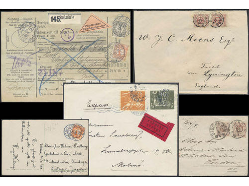 Sweden. Collection covers 1879–1924 on visir leaves. Two 2-fold covers with 2×20 öre Circle type to Great Britain, 25 öre Medallion as single franking on pc to Japan, an address card for cash on delivery parcel to Norway and a special delivery cover. The entire lot is presented at www.philea.se. Somewhat oxidized stamps compared with the shown scans. (5)