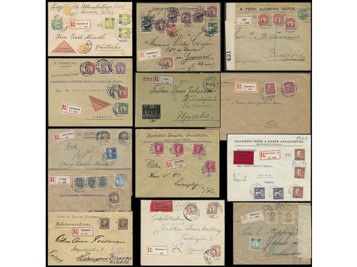 Sweden. Collection covers REGISTERED MAIL 1898–1937 on visir leaves. Interesting mix of mixed frankings and other nice combinations, incl. usages with cash on delivery, special delivery and censor. The entire lot is presented at www.philea.se. Somewhat mixed quality. (14)