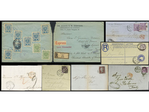 EUROPE. Collection covers 1864–1894 in visir album. Denmark – unstamped letter sent to France with pmk TT36 and postage due mark 9; Austria – registered special delivery cover sent to USA; Great Britian – five covers incl. two sent to Italy and one registered. The entire lot is presented at www.philea.se. Somewhat mixed quality. (7)