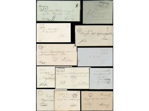 Sweden. Prephilately, collection V COUNTY on visir leaves. Selected better items: Arc pmks FAHLUN type 5, GAGNEF type 2 (P: 800), HEDEMORA type 1 (P: 1200), MORA type 2 (P: 800), SÄTHER type 2 (P: 1000) and rectangular pmks AVESTA, GAGNEF, MORA type 3, SMEDJEBACKEN type 1, and type 3 in three copies, and SÄTHER type 3 (P: 500). Several are sent during the sk bco stamp period. Two covers are sent registered. The entire lot is presented at www.philea.se. Very fine–superb quality. (13)
