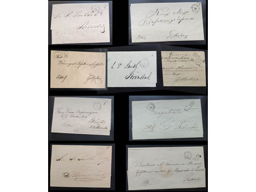 Sweden. Prephilately, collection O COUNTY on visir leaves. Selected better items: Arc pmks GÖTHEBORG type 1 (P: 500) and type 2 in five copies (P: 600 each), KONGELF type 1 (P: 600), and rectangular pmks MARSTRAND type 2 and STRÖMSTAD type 3. The two latter used during the sk bco stamp period. One cover is a double usage. The entire lot is presented at www.philea.se. Very fine–superb quality. (9)