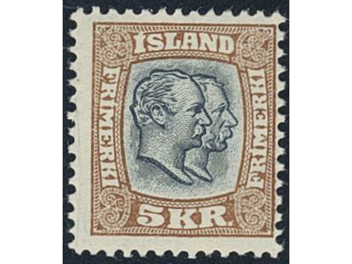 Iceland. Facit 90 ★★, 1907 Two Kings 5 Kr blue-grey/brown, watermark crown. SEK 4500