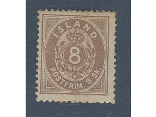 Iceland. Facit 3 ★, 1873 Skilding values 8 sk brown, perf 14 × 13½. SEK 3000