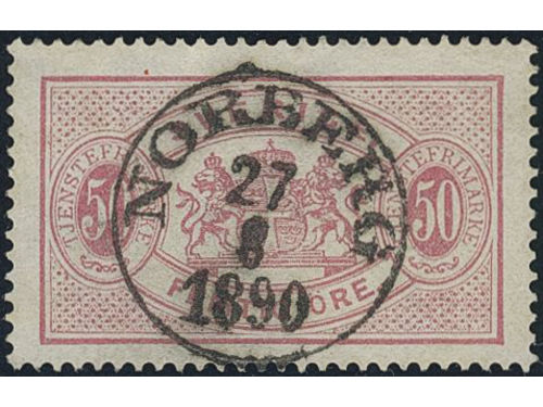 Sweden. Official Facit Tj22A used, 50 öre red, perf 13, type I. EXCELLENT cancellation NORBERG 27.8.1890.