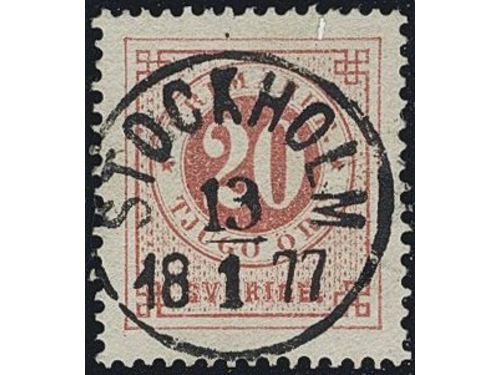Sweden. Facit 22g used, 20 öre dull red. EXCELLENT cancellation STOCKHOLM 13.1.1877. Signed O.P.