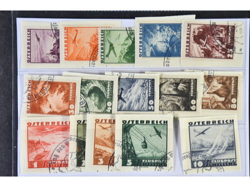 Austria. Michel 598–612 used, 1935 Aeroplanes over Landscapes SET (15). All on pieces. EUR 220