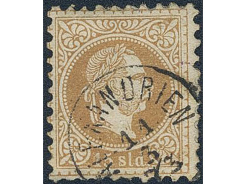 Austria, post in Levant. Michel 5 II used, 1867 15 soldi light print. EUR 200