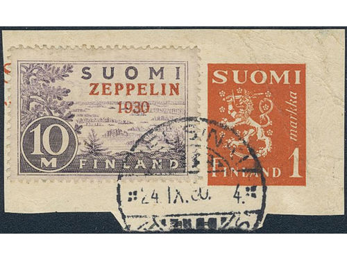 Finland. Facit 165 used, 1930 Zeppelin overprint 10 Mk red on light grey-violet (1). On paper cut. SEK 2200