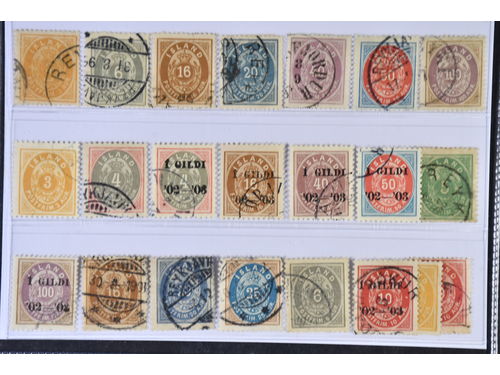Iceland. Used 1876–1902. All different, e.g. F 8, 11, 13, 15, 17-19, 21-22, 27-29, 44, 50, 54, 57-58. Mostly good quality. F SEK 8.810 (22)