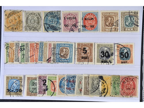 Iceland. Used 1876–1929. All different, e.g. F 8, 11, 15, 42-43, 61, 76-89, 98, 101-03. Mostly good quality. F SEK 7.145 (34)