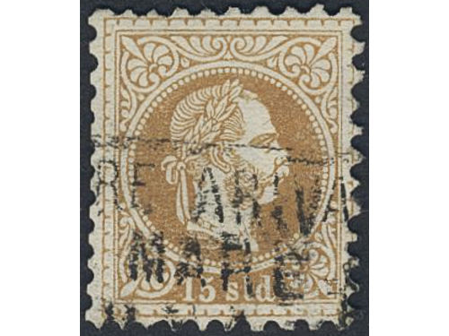 Austria, post in Levant. Michel 5 II used, 1867 Kaiser Franz 15 soldi fein print. EUR 200