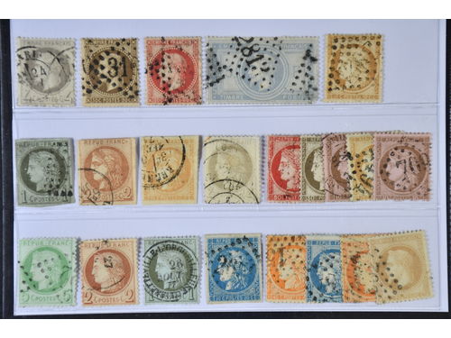 France. Used 1862–1872. All different, e.g. Mi 26, 29, 31, 32 (short corner), 33, 36, 37 (cut in picture), 40, 47. Mostly good quality. Mi 1.505 if no defects (22)