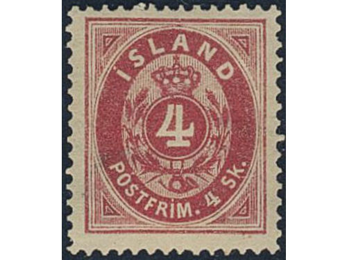 Iceland. Facit 2 ★, 1873 Skilding values 4 sk red, perf 14 × 13½. Good centering. SEK 5000
