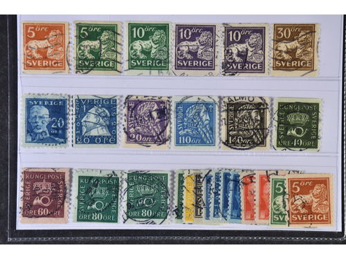 Sweden. Used 1920–1936. Coil stamps. All different, e.g. F 142Acc, 143Acc, 144Acc, 145E+Ecx, 148Acx, 151Cbz, 152Acx, 153, 154bz, 155bz, 159bz, 162cx, 165bz+cxz. Mostly good quality. F SEK 6980 (26)