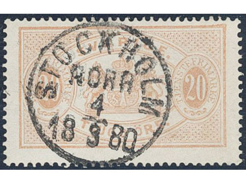 Sweden. Official Facit Tj6 used, 20 öre red, perf 14. EXCELLENT cancellation STOCKHOLM NORR 4.9.1880. Scarce stamp in this quality.