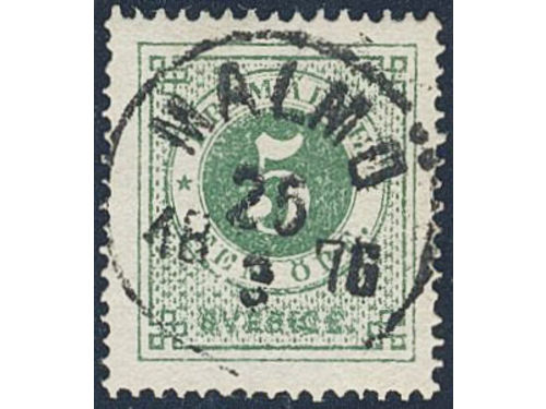 Sweden. Facit 19g used, 5 öre dark green, smooth print. EXCELLENT cancellation MALMÖ 25.3.1876.