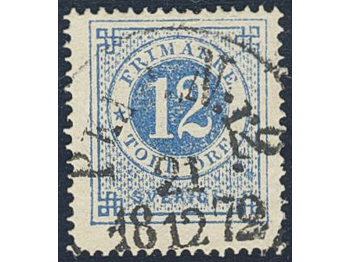 Sweden. Facit 21b used, 12 öre dull ultramarine-blue on yellowish paper. EXCELLENT cancellation PKXP Nr 2 21.12.1872.