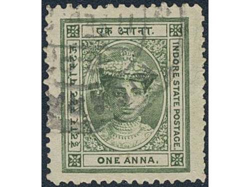 India, Indore. SG 11b used, One anna green perf 12½. GBP 250