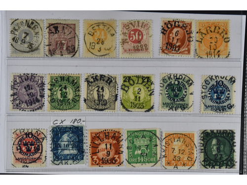 Sweden. Lot used 1860s–1930s on stock card. Selected stamps with mostly superb–EXCELLENT cancellations. Mostly good quality. (18)