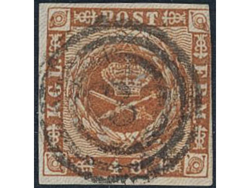 Denmark. Facit 7 used, 1858 Imperforate. Wavy-line spandrels 4S brown. Numeral cancellation 
