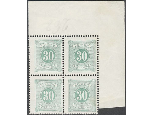 Sweden. Postage due Facit L8b1 ★★, 30 öre green, perf 14. Fresh block of four with corner sheet margins. SEK 9500