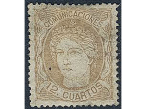 Spain. Michel 107 ★, 1870 Hispania 12 Cs red-brown. Hinged. EUR 300