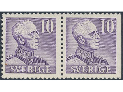 Sweden. Facit 273CB2 ★★, 1939 Gustaf V large numerals 10 öre violet, pair perf 4+3 sides without coloured line in coat lapel.