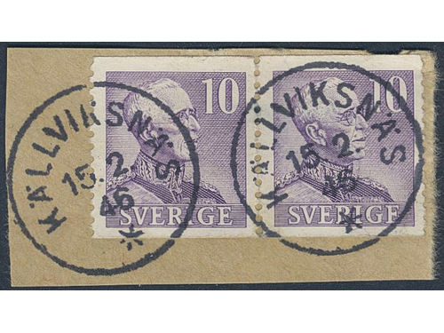 Sweden. Facit 273A, D county. KÄLLVIKSNÄS 25.2.46. Two beautiful cancellations on 10 öre in pair.