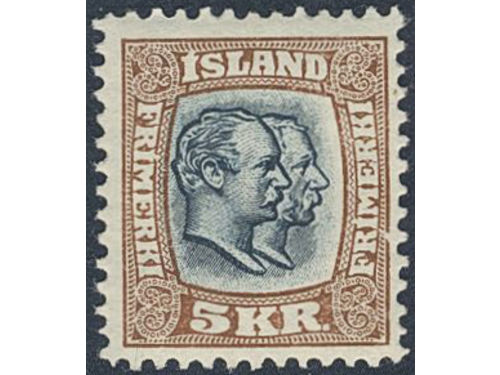 Iceland. Facit 90 ★★, 1907 Two Kings 5 Kr blue-grey/brown, watermark crown. Good centering. SEK 4500