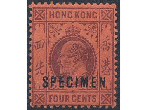 Hong Kong. Michel 63 ★★, 1903 King Edward VII, First Issue 4c lilac on red, watermark crown CA with SPECIMEN overprint.