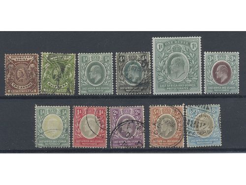 British East Africa and Uganda. ★/⊙. Small lot of 11 stamps up to 1R.