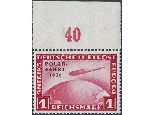 Germany, Reich. Michel 456 ★★, 1931 Polarfahrt 1 RM lilac-red, with numbered sheet margin at top. EUR 700