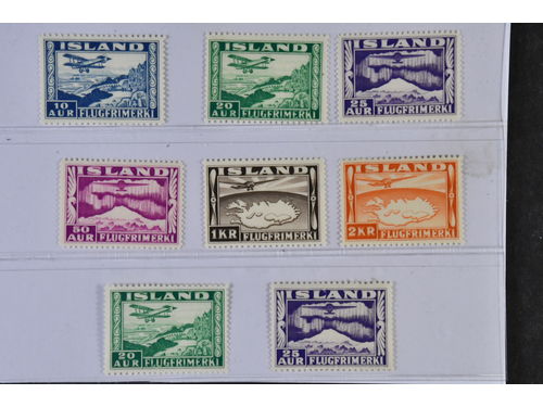 Iceland. Facit 204–09 ★★/★, 1934 Air Mail SET (8). All perforations. One 25 aur *, the others **. SEK 3700