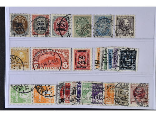 Denmark. Used 1904–1926. All different, e.g. F 47-50, 52, 67-68, 120, 123, 130. Mostly good quality. F SEK 10715 (22)