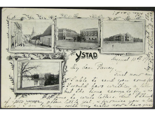 Sweden. Picture postcard, Gruss Aus. Ystad, used card sent from PKXP 99 10.8.1900 via TRELLEBORG-SASSNITZ 142A 11.8.00 to Great Britain.