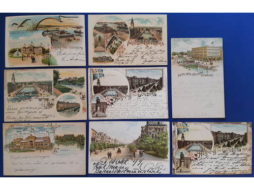 Sweden. Picture postcards, lot GRUSS AUS. O-COUNTY. Gothenburg. Eight different cards incl. six used – one with the stamp removed. Mostly good quality. (8)