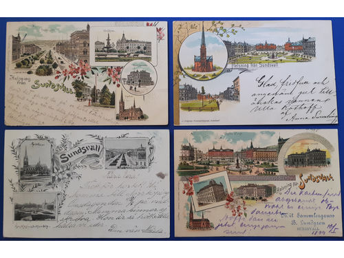 Sweden. Picture postcards, lot GRUSS AUS. Y-COUNTY. Sundsvall. Four cards incl. three used, all different. Some imperfections. (4)