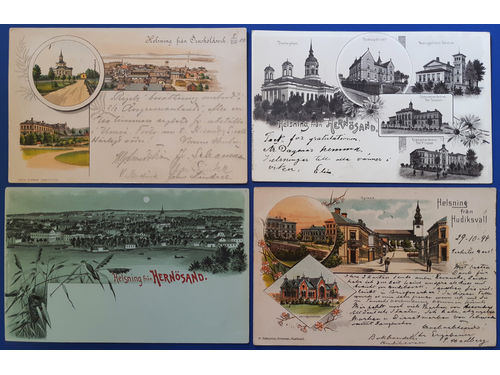 Sweden. Picture postcards, lot GRUSS AUS. Y-COUNTY. Hudiksvall, Härnösand and Örnsköldsvik. Four cards incl. three used, all different. One card with creased corner. (4)