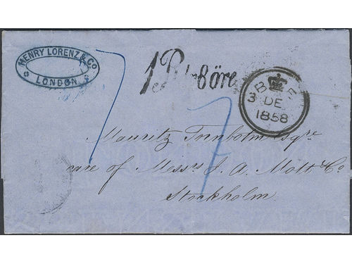Sweden. 1 RDR 8 ÖRE, Lösenförsändelser. Unpaid cover sent from LONDON 3.DE.58 via K.S.P.A. HAMBURG 5.12.1858 to Stockholm. Somewhat better postage due mark.