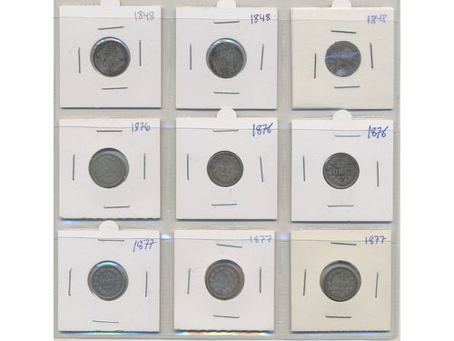 Coins, Sweden. Oskar II, Selected years in three examples each. 25 öre: 1876 and 1877. 10 öre: 1874, 1876, 1884 and 1887. Also Oscar I 1/16 Rdr Sp 1848. In total twenty-one pcs. Mixed quality, mostly 2/1?–1?/1.  .