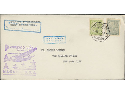 Macau. Michel 278, 287 on cover, 1934 S.t Gabriel 5 and 30 A on first flight cover to Hongkong 28-IV-37. Violet cachet MACAU-U.S.A.