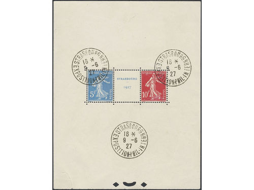 France. Michel 218–19 used, 1927 Stamp exhibition souvenir sheet 2. The middle-stamp is on the way to get separated. EUR 1100