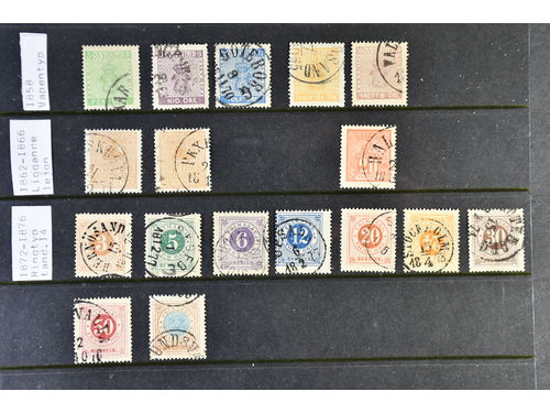 Sweden. Collection used 1858–1971 in visir album. Starts with Coat-of-Arms type II (complete set) and Lying Lion (F14B). Includes a special section about Standing Lion (1920–1935), a number of BC/CB-pairs and a lot nore. Please see a selection of scans at www.philea.se. Somewhat mixed quality. (>1000)