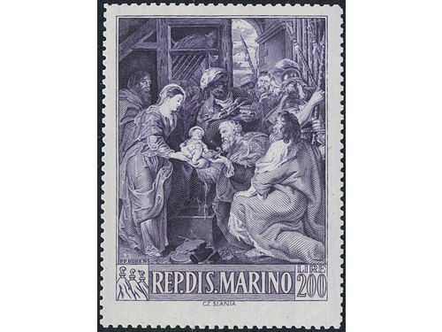 Thematics, Slania, San Marino. (★). Nativity by Peter Paul Rubens. Lire 200. Prepared but not issued. Steel engraving in ultramarine, perforated.