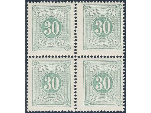 Sweden. Postage due Facit L8b1 ★★, 30 öre green, perf 14, in fresh and beautiful block of four. SEK 9500