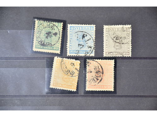 Sweden. Facit 1–5 used, Cpl. set (5). 6-skill with two short perfs., 3, 8 and 24-skill repaired.