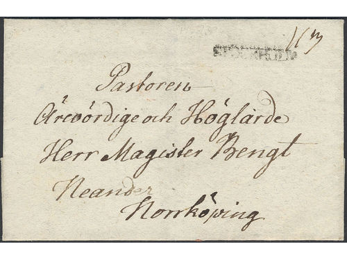 Sweden. A county. STOCKHOLM, straight postmark. Type 5 on beautiful cover sent to Norrköping. Postal: 3500:-