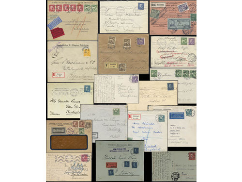 Sweden. Collection covers 1921–1951 on visir leaves. Selected better usages incl. destinations, additional services e.g. air mail to Australia, censor, address card with label 
