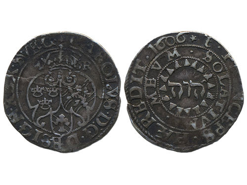 Coins, Sweden. Karl IX, SM 65, 4 öre (½ mark) 1606. 2.06 g. Stockholm. SMB 64. 1/1+.